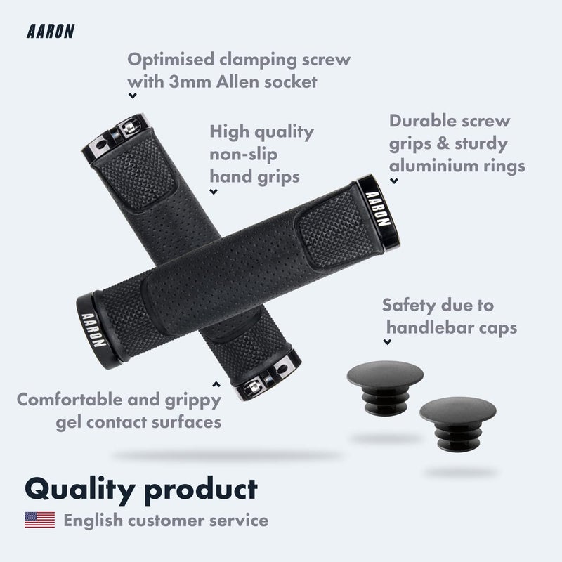 Aaron - Lock-on MTB Bike Grips - Non-Slip Rubber - Sporty and Trendy Design - Gel/with End Caps - for Mountain Bike/Mountain Bike/E-Bike/Fixie/Other - Black - Image 2